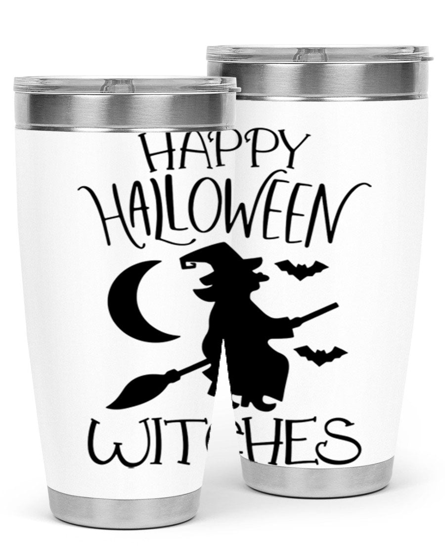 Happy Halloween Witches 20oz Tumbler featuring a spooky design, made of stainless steel with a drink-thru lid.