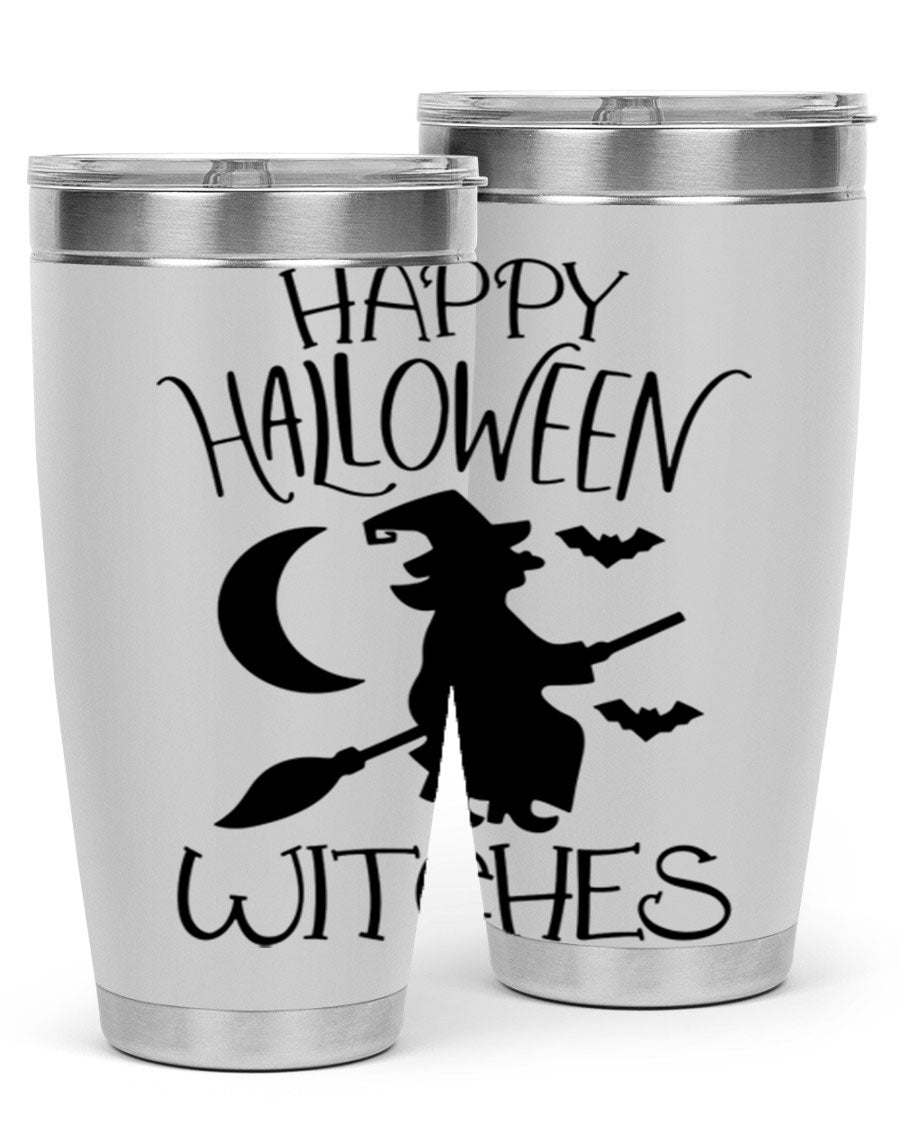 Happy Halloween Witches 20oz Tumbler featuring a spooky design, made of stainless steel with a drink-thru lid.