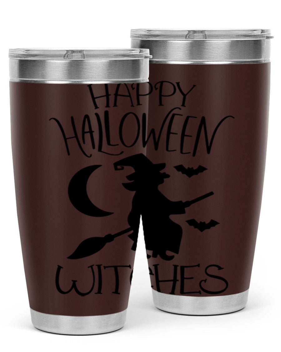 Happy Halloween Witches 20oz Tumbler featuring a spooky design, made of stainless steel with a drink-thru lid.