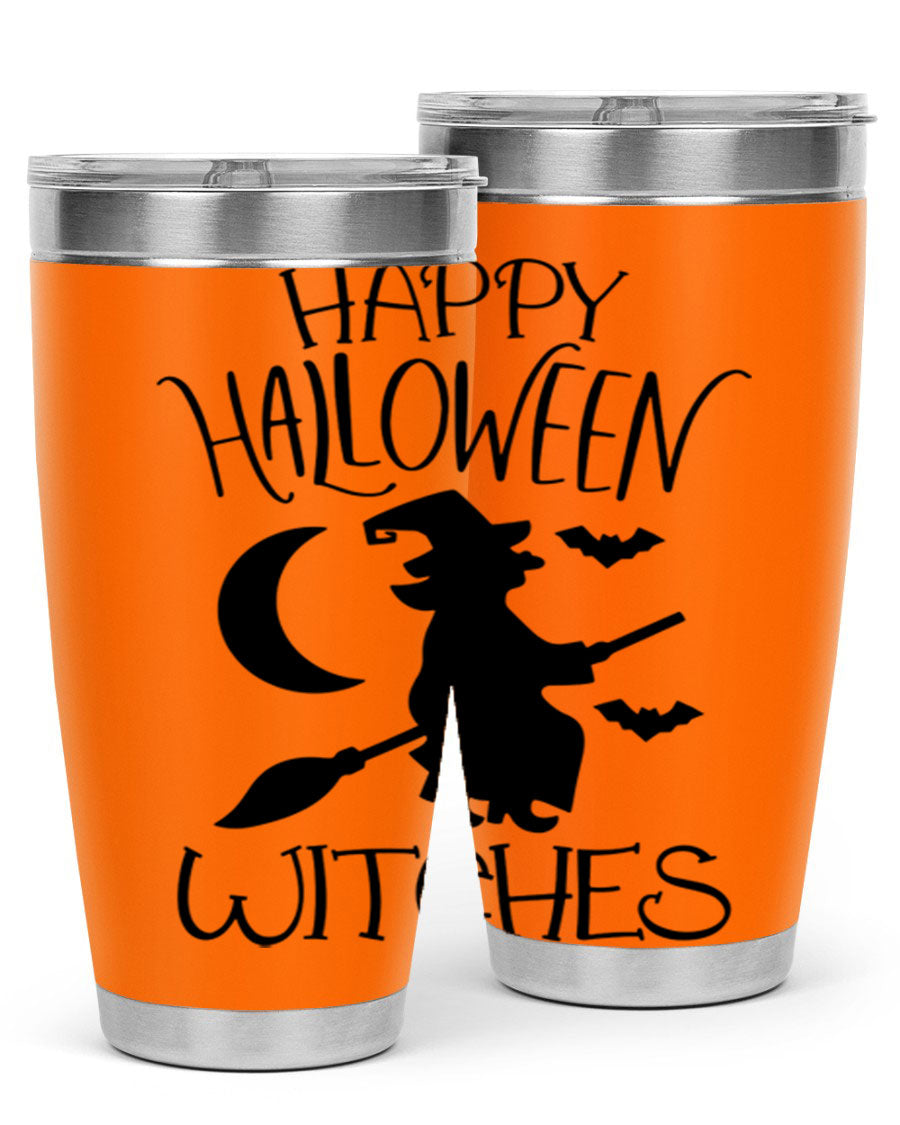 Happy Halloween Witches 20oz Tumbler featuring a spooky design, made of stainless steel with a drink-thru lid.