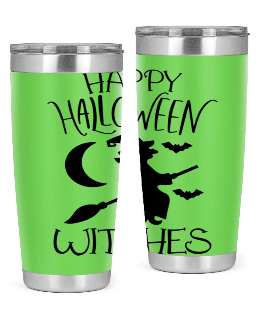 Happy Halloween Witches 20oz Tumbler featuring a spooky design, made of stainless steel with a drink-thru lid.