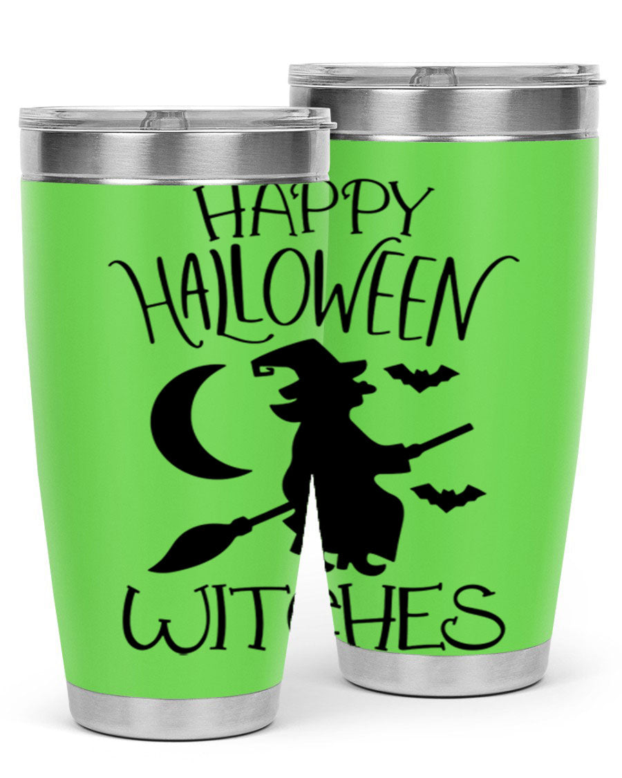Happy Halloween Witches 20oz Tumbler featuring a spooky design, made of stainless steel with a drink-thru lid.
