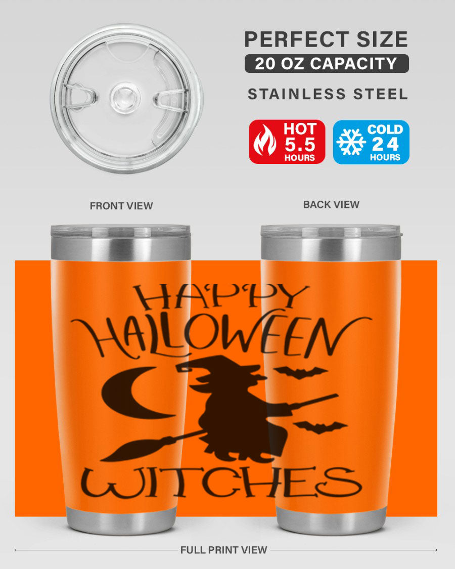 Happy Halloween Witches 20oz Tumbler featuring a spooky design, made of stainless steel with a drink-thru lid.