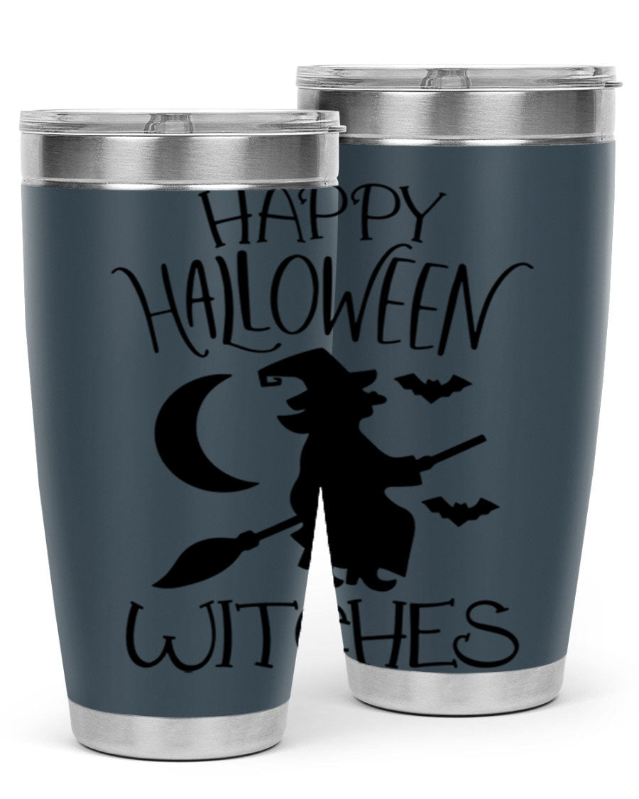 Happy Halloween Witches 20oz Tumbler featuring a spooky design, made of stainless steel with a drink-thru lid.