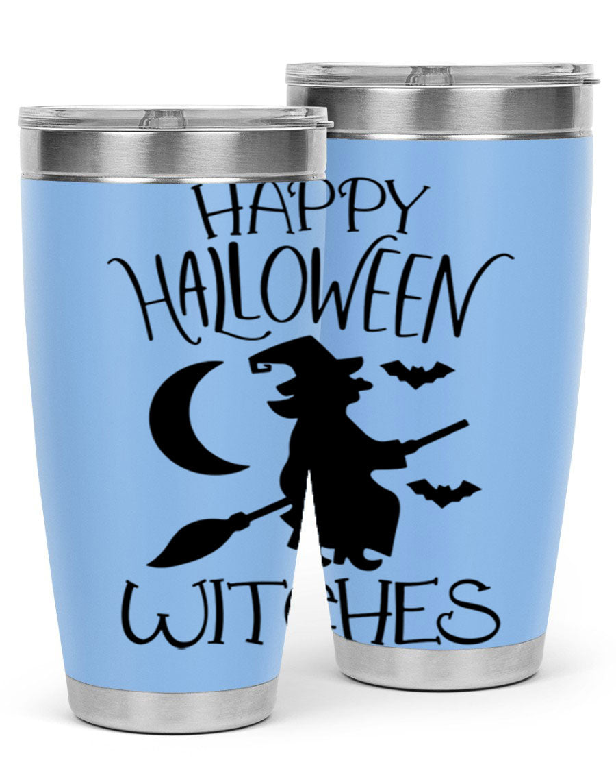 Happy Halloween Witches 20oz Tumbler featuring a spooky design, made of stainless steel with a drink-thru lid.