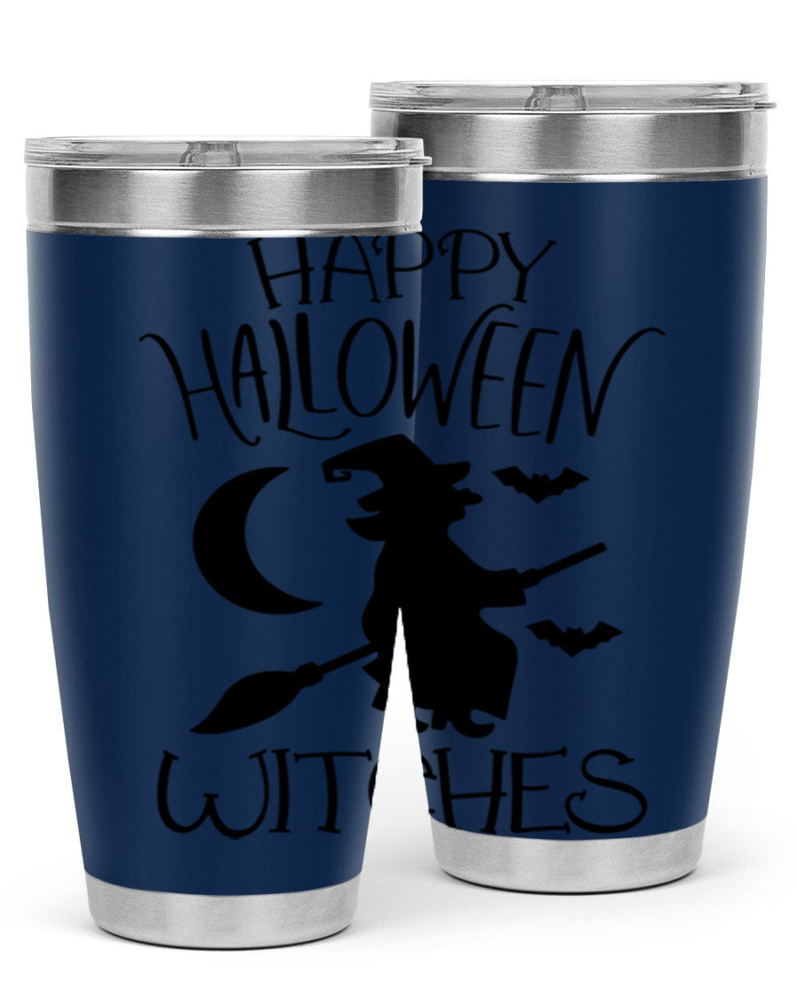 Happy Halloween Witches 20oz Tumbler featuring a spooky design, made of stainless steel with a drink-thru lid.