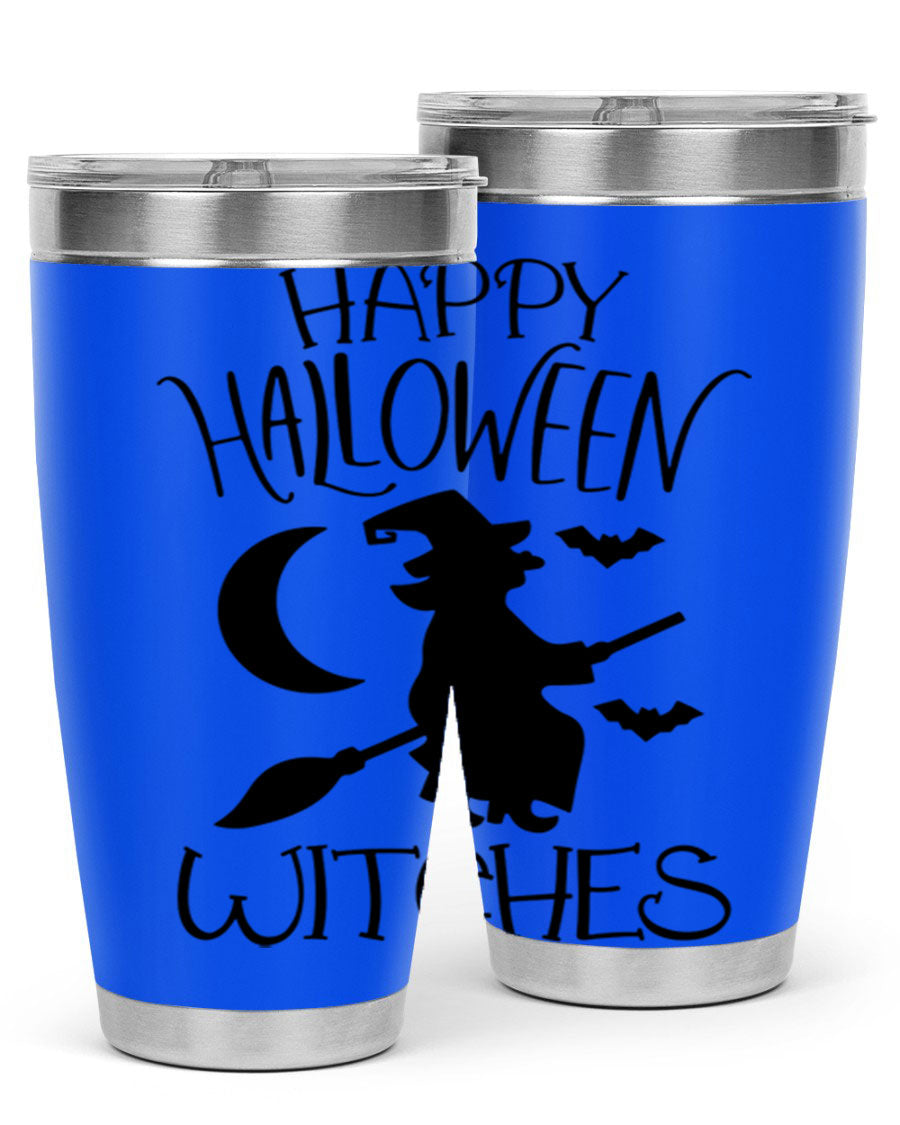Happy Halloween Witches 20oz Tumbler featuring a spooky design, made of stainless steel with a drink-thru lid.