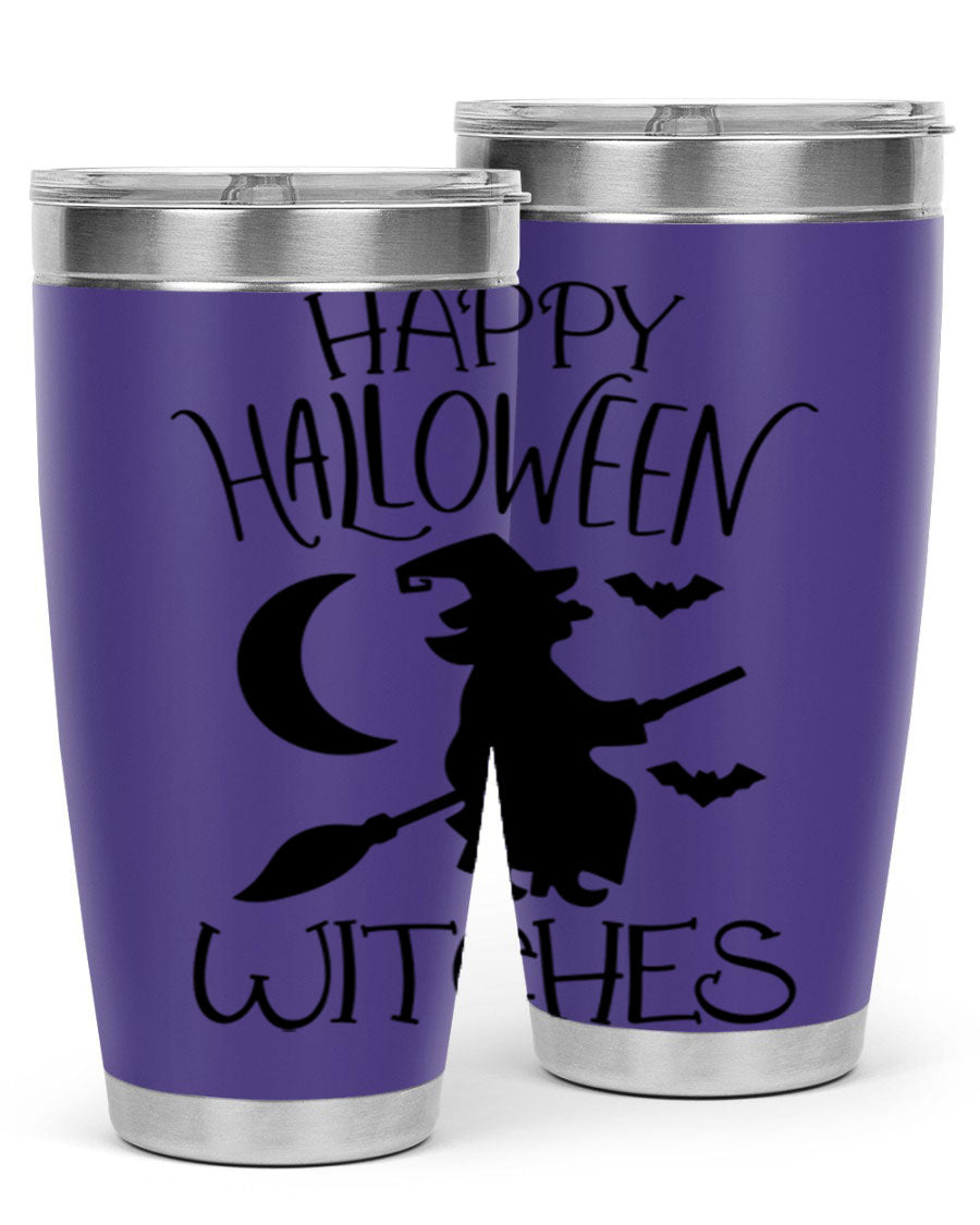 Happy Halloween Witches 20oz Tumbler featuring a spooky design, made of stainless steel with a drink-thru lid.