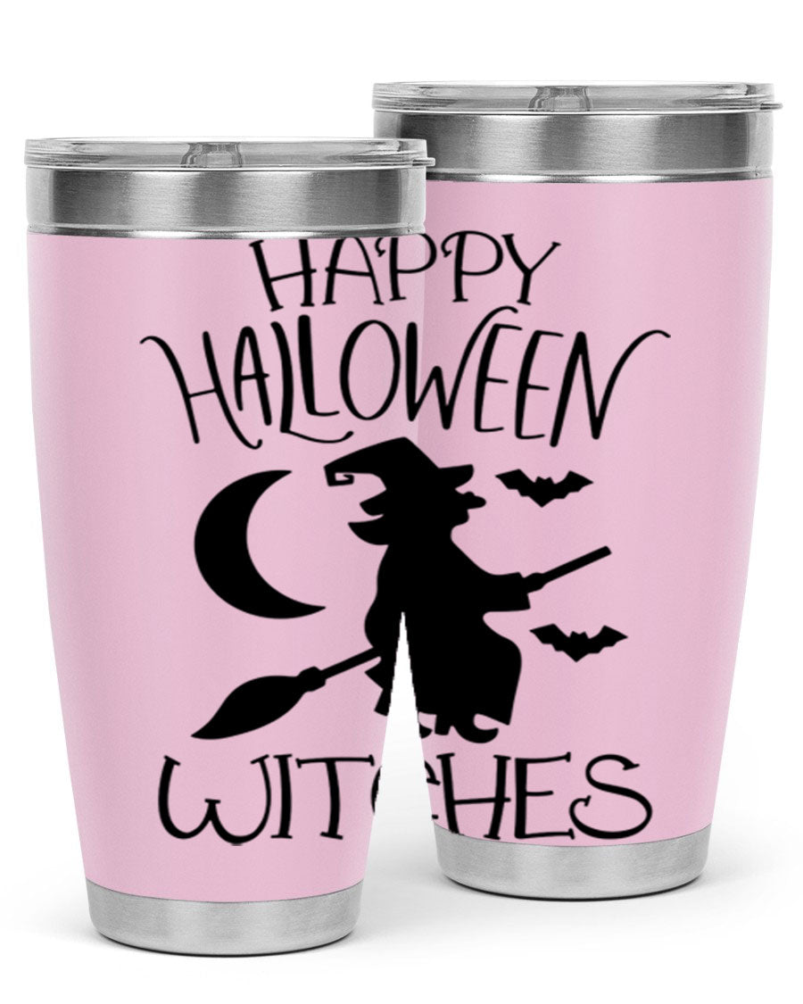 Happy Halloween Witches 20oz Tumbler featuring a spooky design, made of stainless steel with a drink-thru lid.
