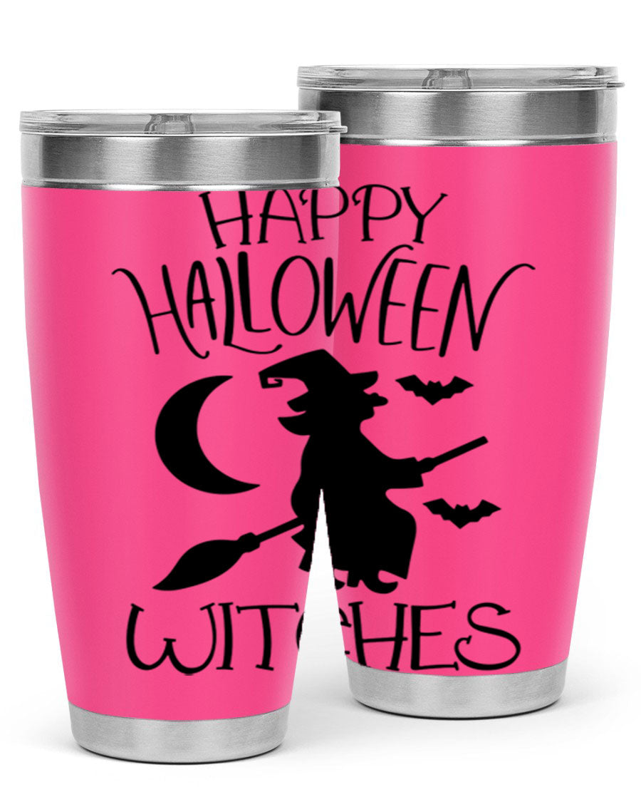 Happy Halloween Witches 20oz Tumbler featuring a spooky design, made of stainless steel with a drink-thru lid.