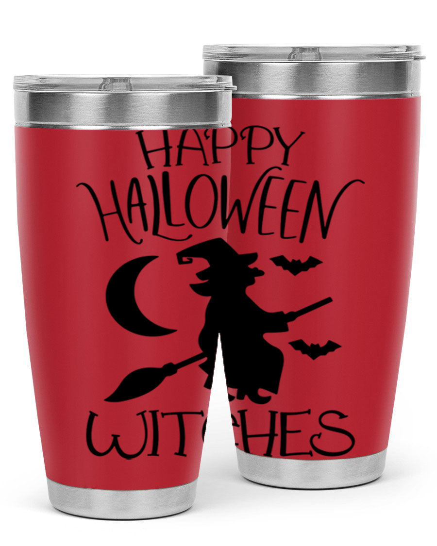 Happy Halloween Witches 20oz Tumbler featuring a spooky design, made of stainless steel with a drink-thru lid.