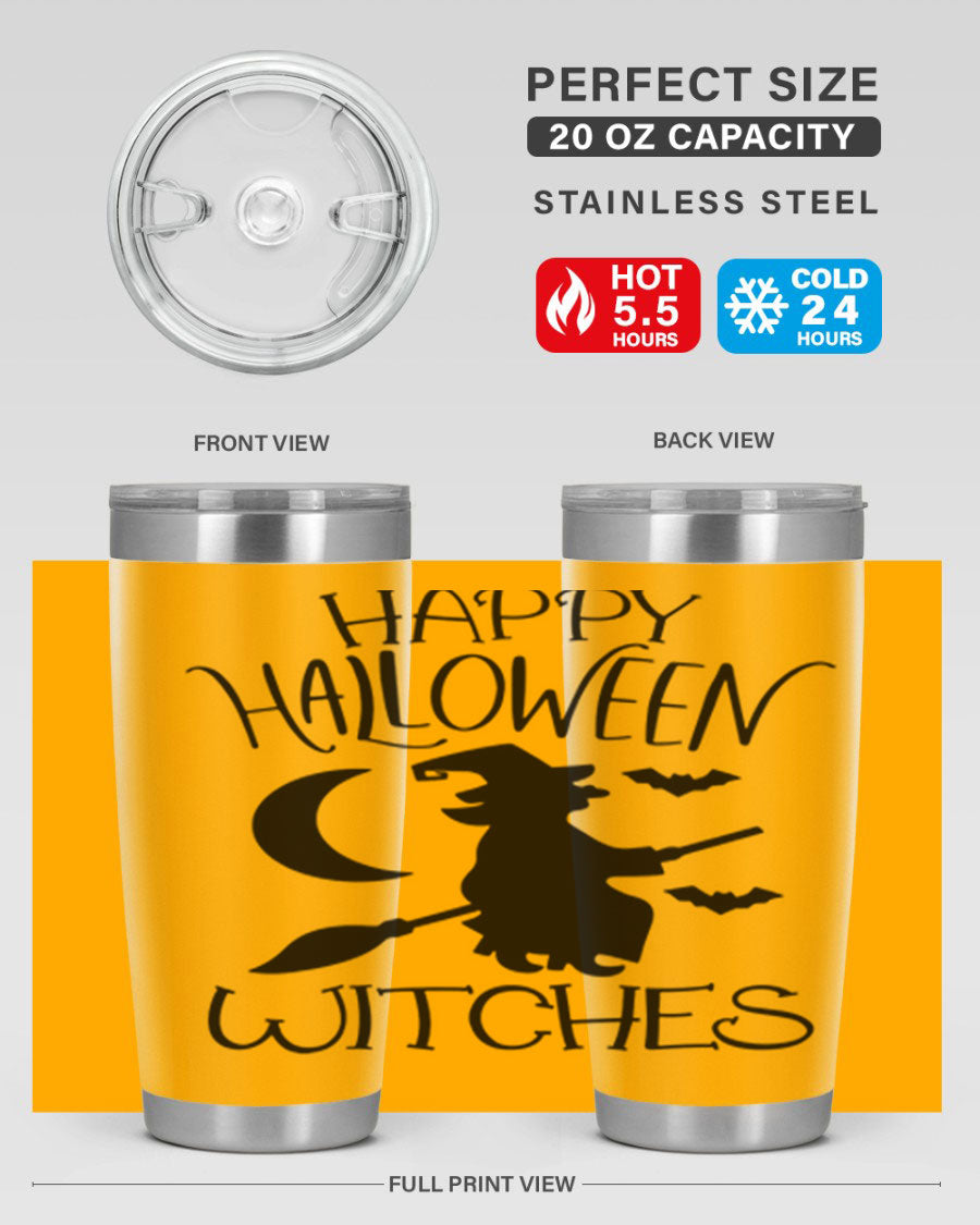 Happy Halloween Witches 20oz Tumbler featuring a spooky design, made of stainless steel with a drink-thru lid.