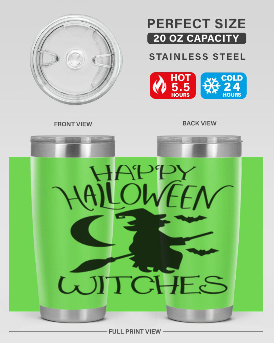 Happy Halloween Witches 20oz Tumbler featuring a spooky design, made of stainless steel with a drink-thru lid.