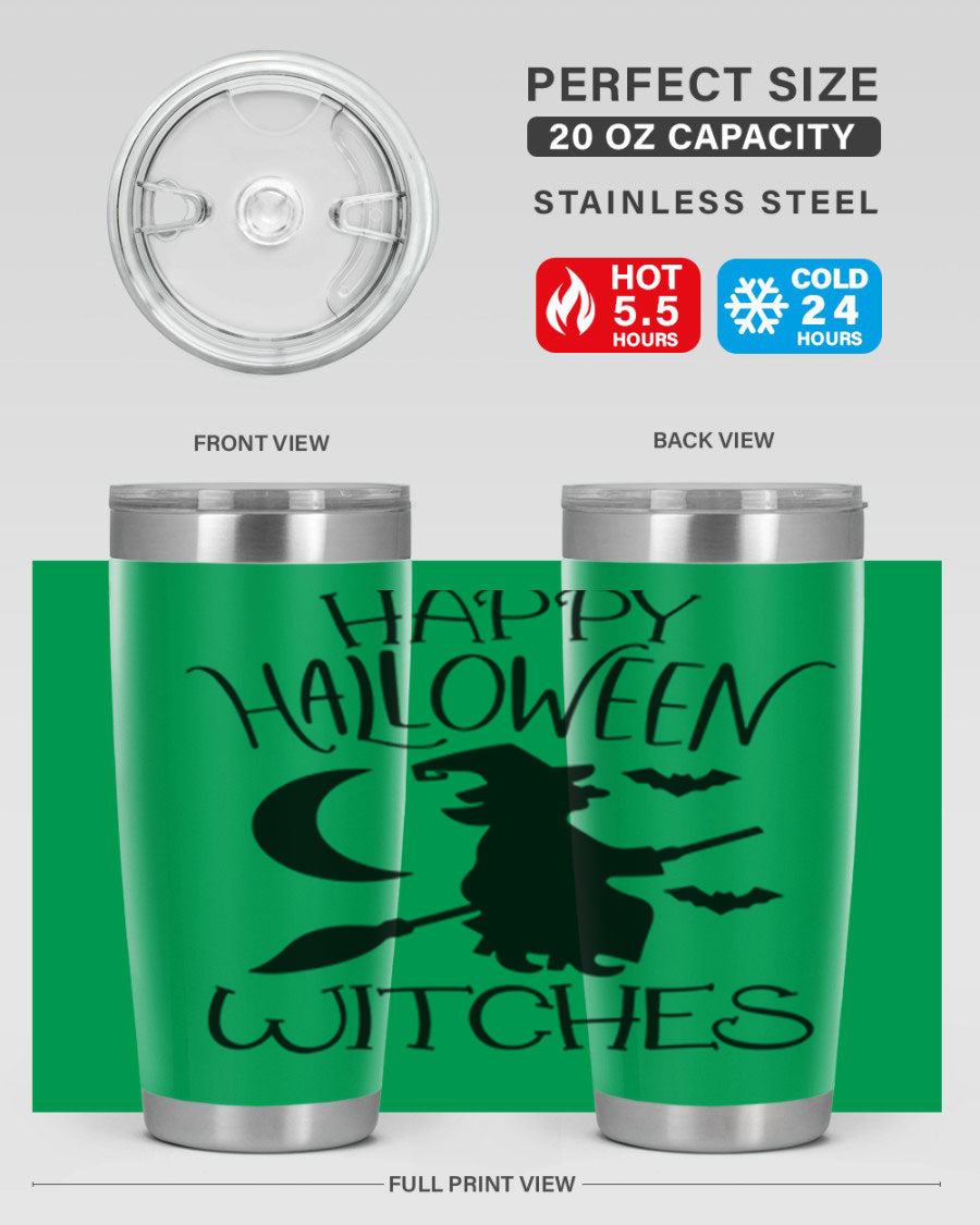 Happy Halloween Witches 20oz Tumbler featuring a spooky design, made of stainless steel with a drink-thru lid.