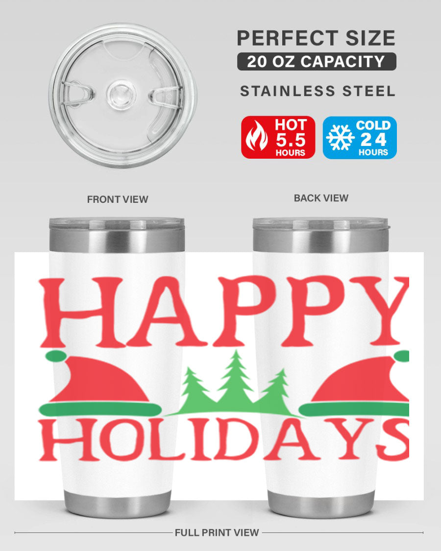 Happy Holidays 20oz Tumbler featuring double wall vacuum stainless steel design, perfect for hot and cold beverages.