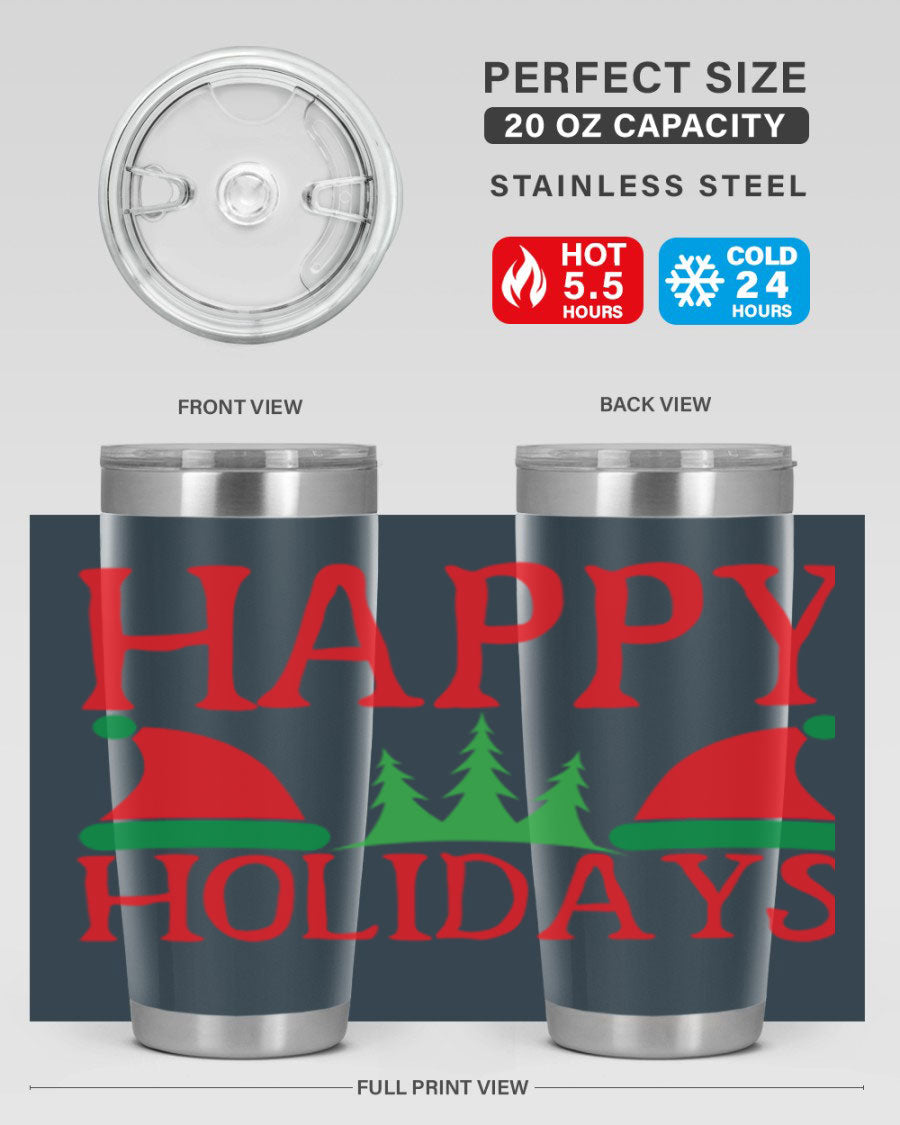 Happy Holidays 20oz Tumbler featuring double wall vacuum stainless steel design, perfect for hot and cold beverages.