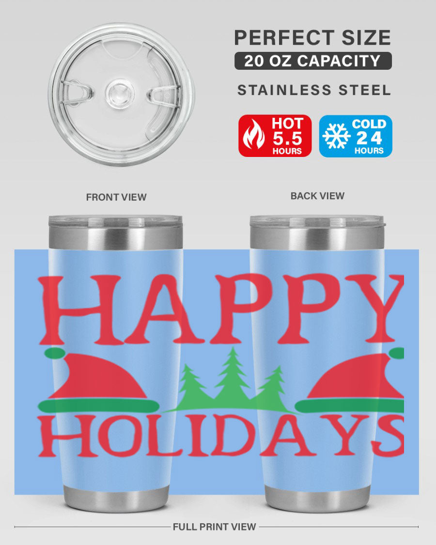 Happy Holidays 20oz Tumbler featuring double wall vacuum stainless steel design, perfect for hot and cold beverages.