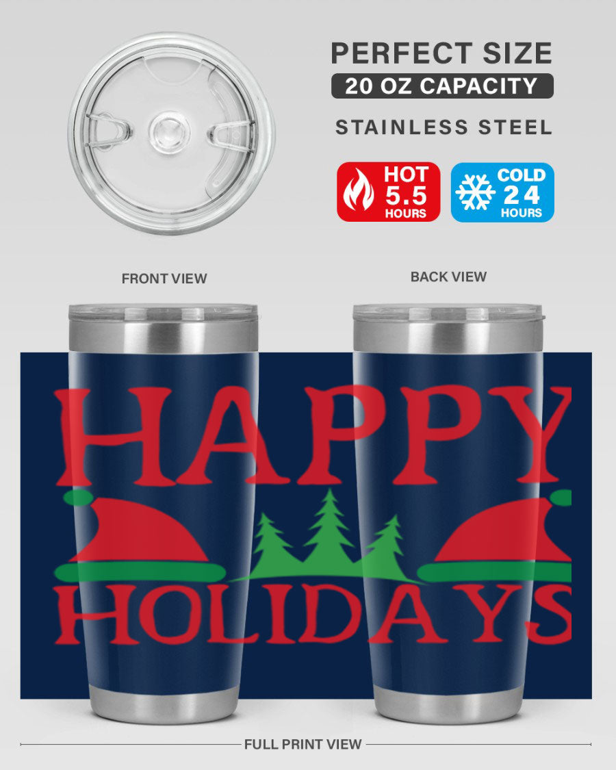 Happy Holidays 20oz Tumbler featuring double wall vacuum stainless steel design, perfect for hot and cold beverages.