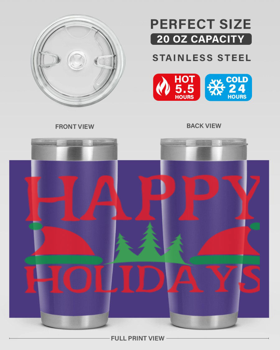 Happy Holidays 20oz Tumbler featuring double wall vacuum stainless steel design, perfect for hot and cold beverages.