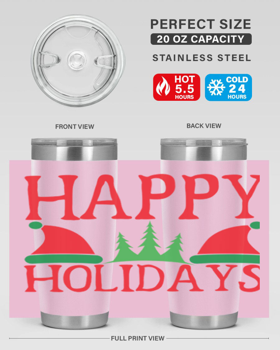 Happy Holidays 20oz Tumbler featuring double wall vacuum stainless steel design, perfect for hot and cold beverages.