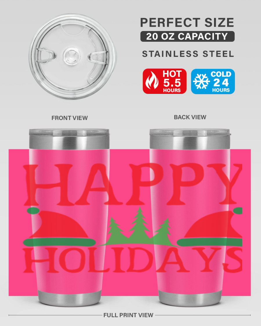 Happy Holidays 20oz Tumbler featuring double wall vacuum stainless steel design, perfect for hot and cold beverages.
