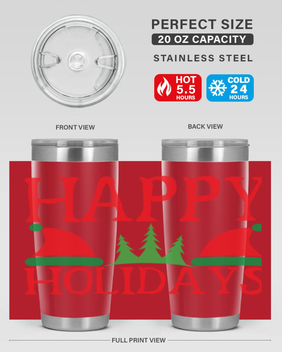 Happy Holidays 20oz Tumbler featuring double wall vacuum stainless steel design, perfect for hot and cold beverages.