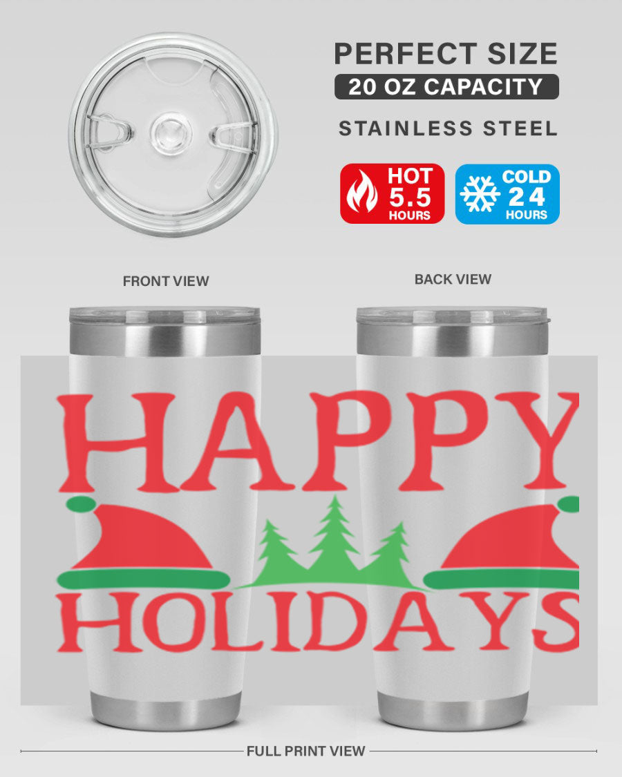 Happy Holidays 20oz Tumbler featuring double wall vacuum stainless steel design, perfect for hot and cold beverages.