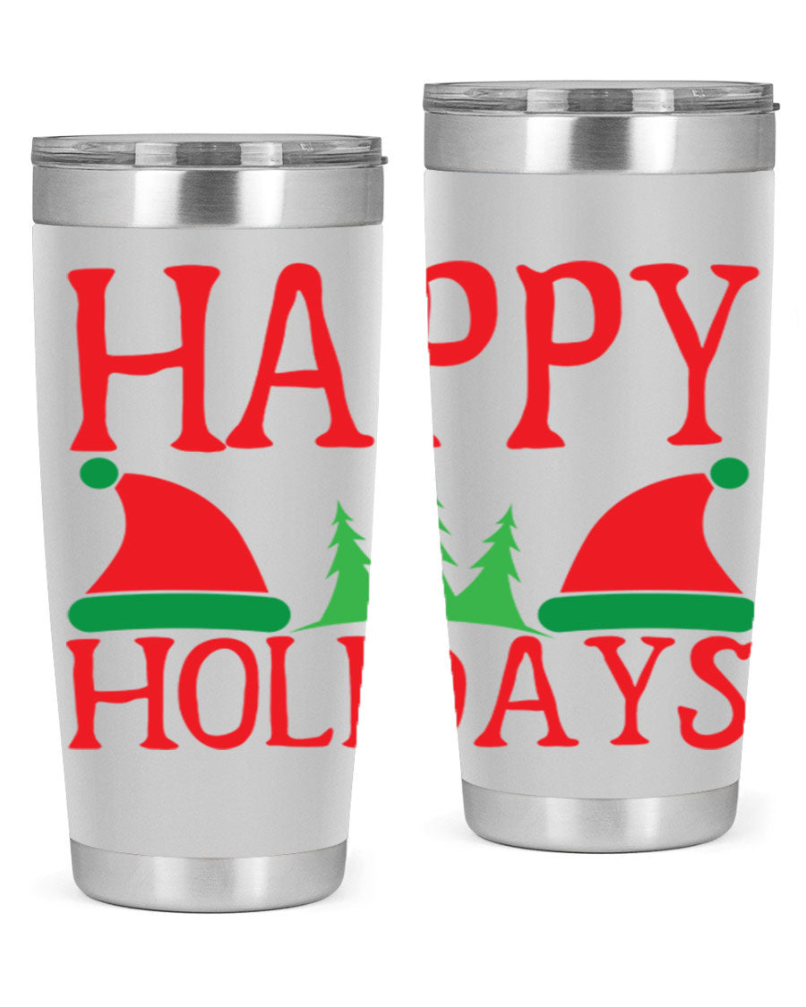 Happy Holidays 20oz Tumbler featuring double wall vacuum stainless steel design, perfect for hot and cold beverages.