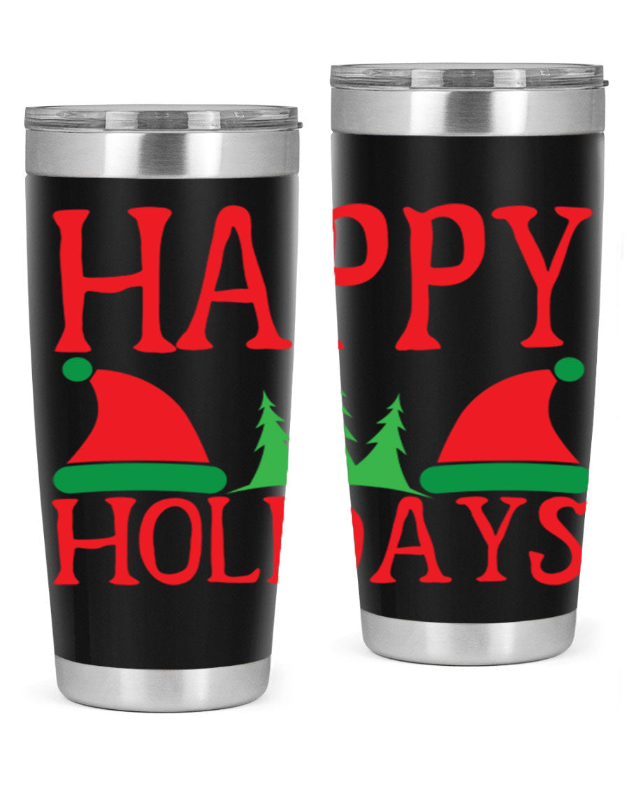 Happy Holidays 20oz Tumbler featuring double wall vacuum stainless steel design, perfect for hot and cold beverages.