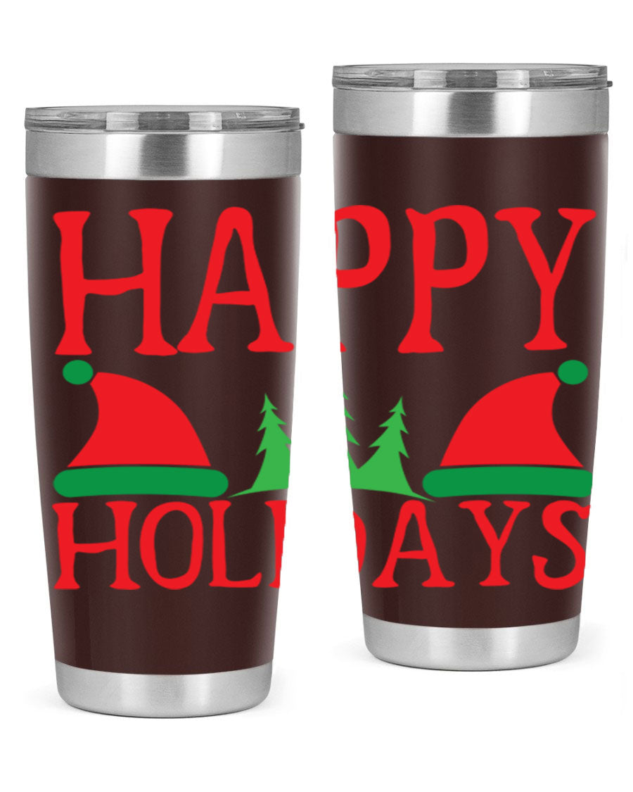 Happy Holidays 20oz Tumbler featuring double wall vacuum stainless steel design, perfect for hot and cold beverages.