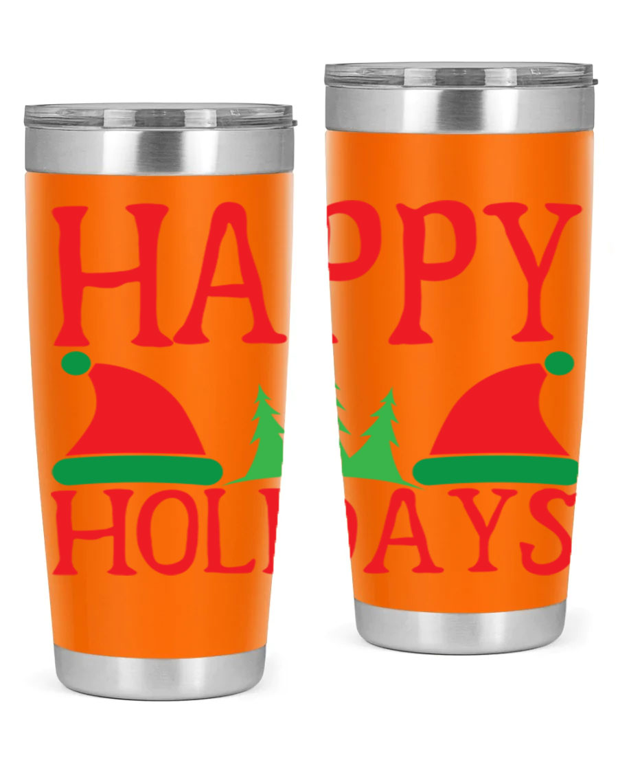 Happy Holidays 20oz Tumbler featuring double wall vacuum stainless steel design, perfect for hot and cold beverages.