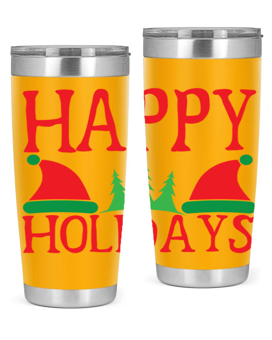 Happy Holidays 20oz Tumbler featuring double wall vacuum stainless steel design, perfect for hot and cold beverages.