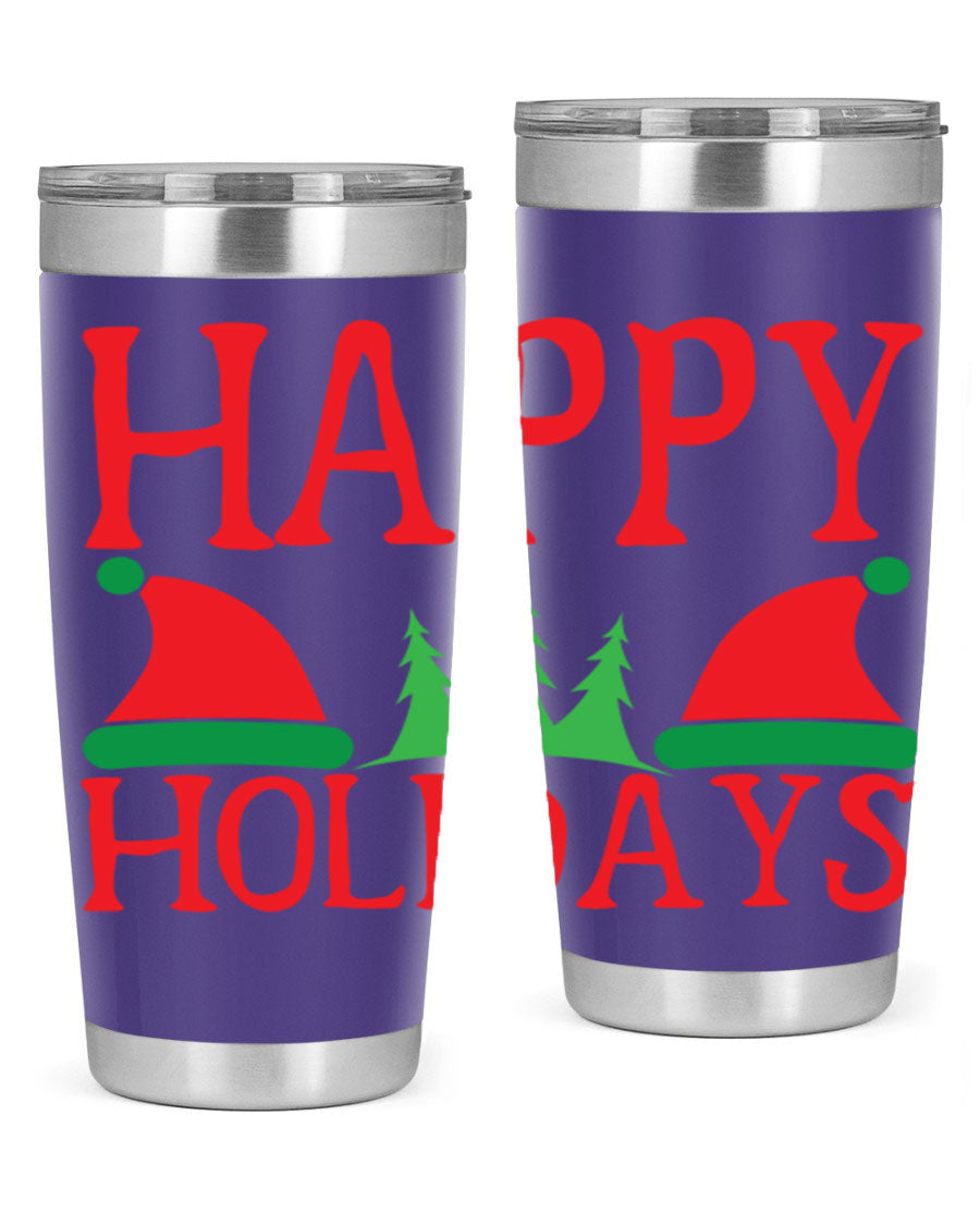 Happy Holidays 20oz Tumbler featuring double wall vacuum stainless steel design, perfect for hot and cold beverages.