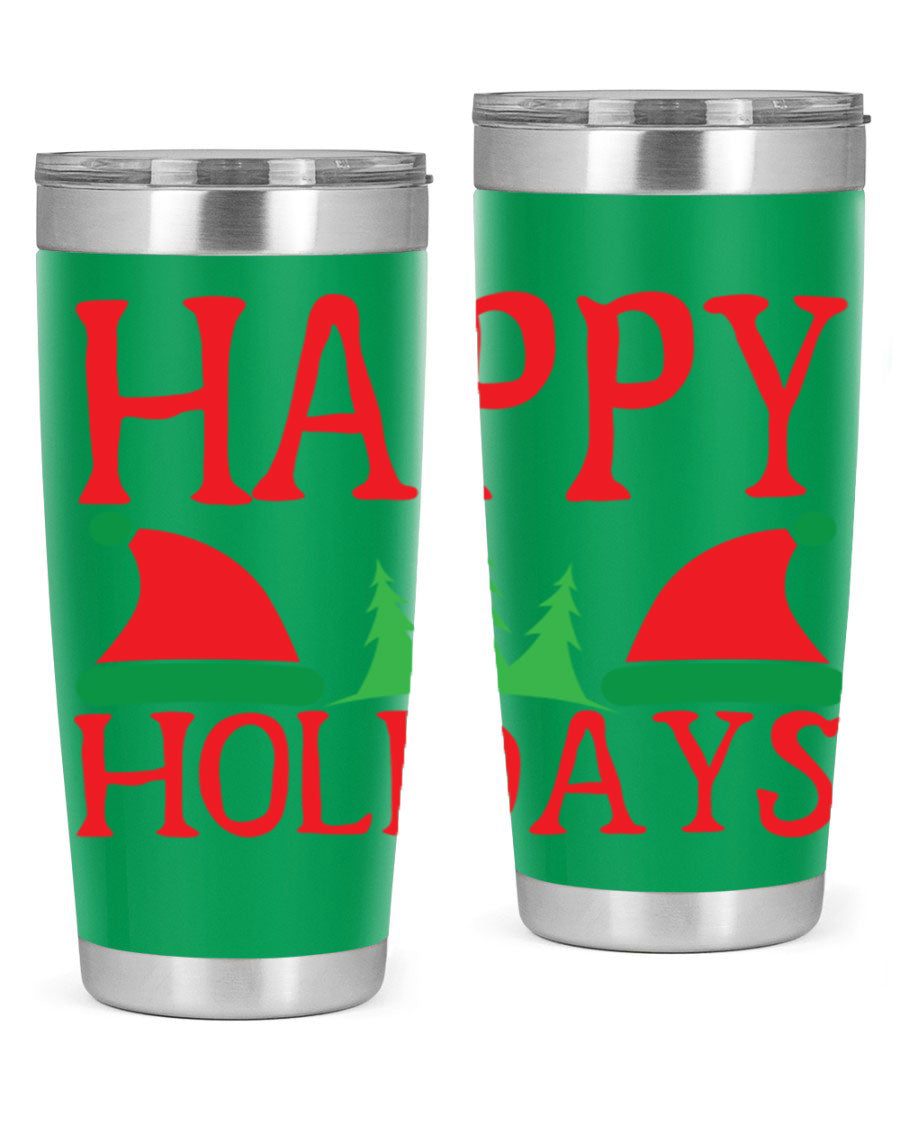 Happy Holidays 20oz Tumbler featuring double wall vacuum stainless steel design, perfect for hot and cold beverages.