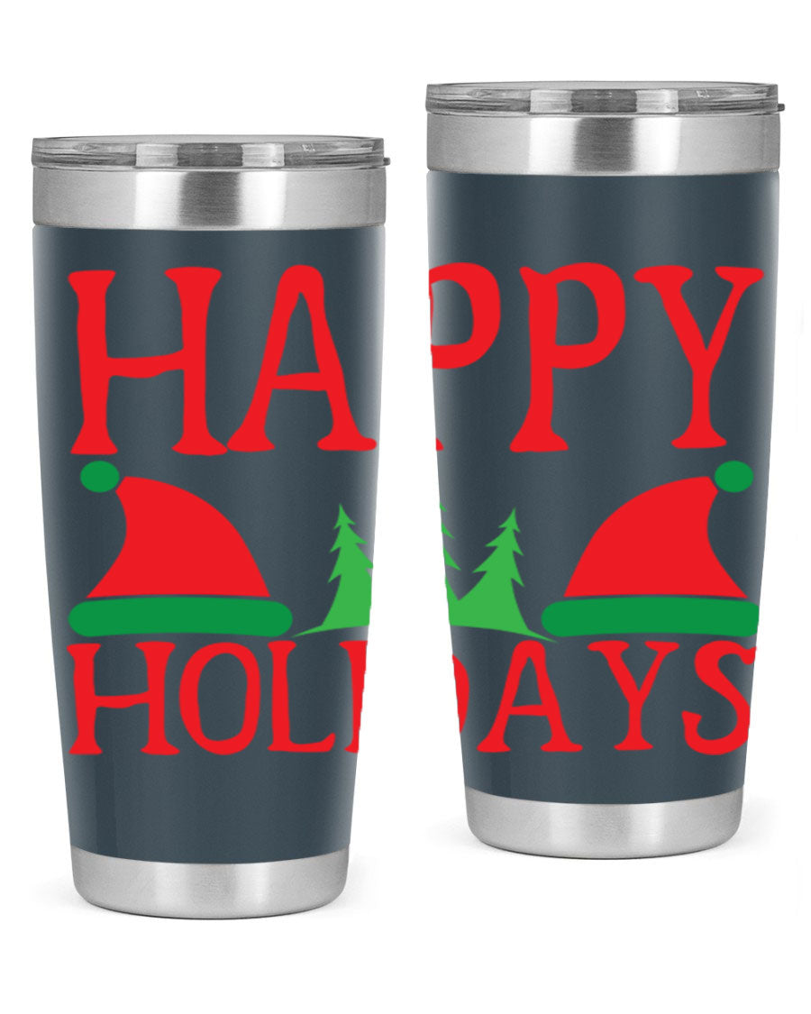 Happy Holidays 20oz Tumbler featuring double wall vacuum stainless steel design, perfect for hot and cold beverages.