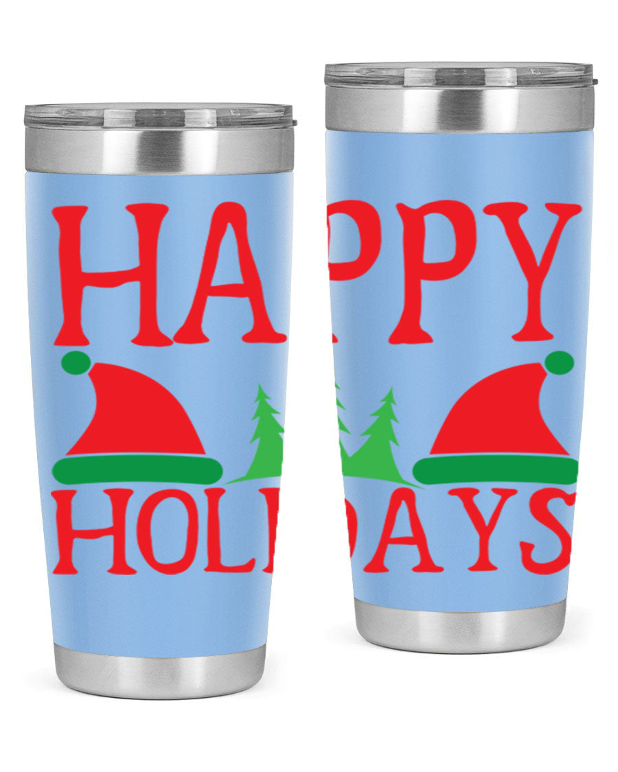 Happy Holidays 20oz Tumbler featuring double wall vacuum stainless steel design, perfect for hot and cold beverages.