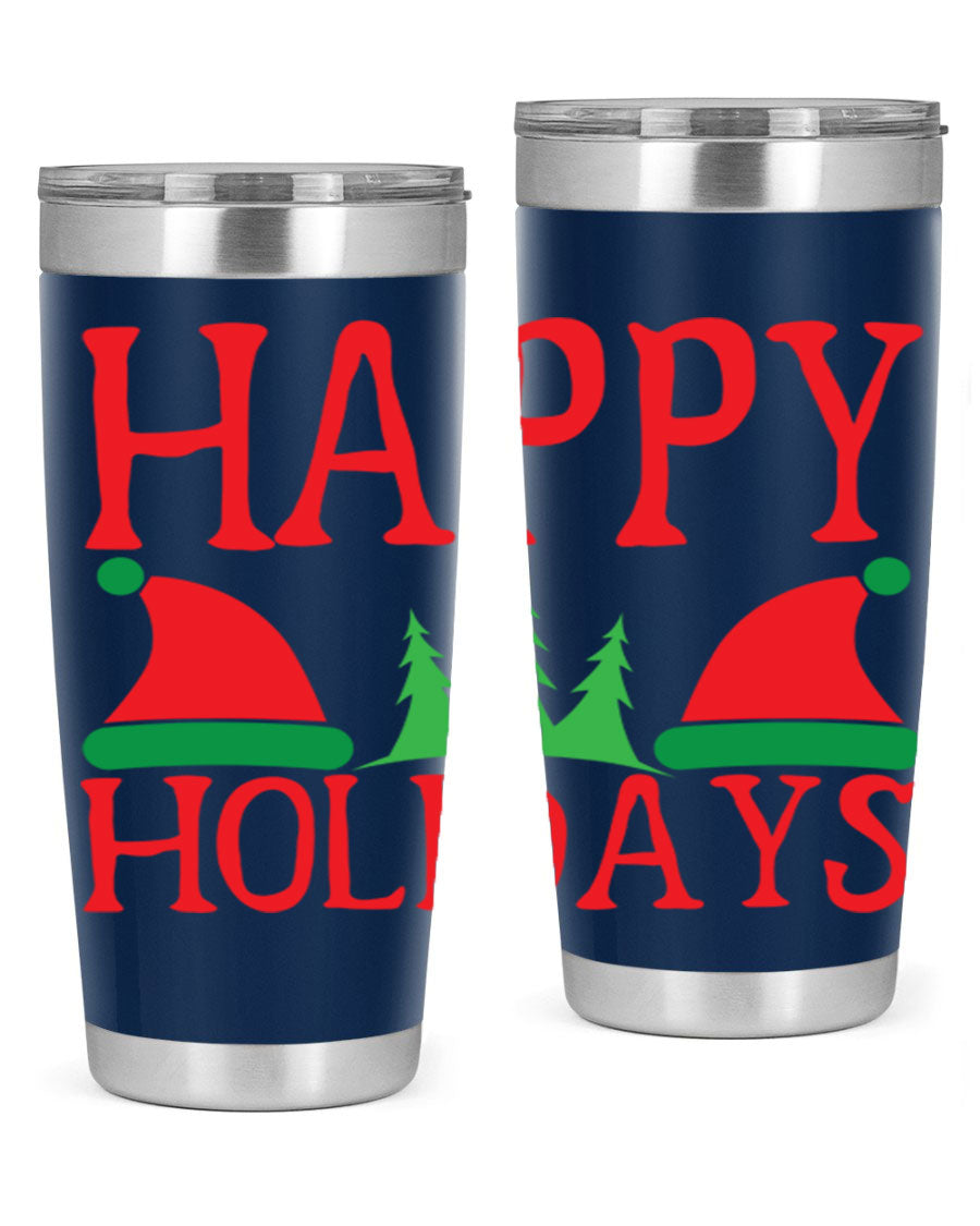 Happy Holidays 20oz Tumbler featuring double wall vacuum stainless steel design, perfect for hot and cold beverages.