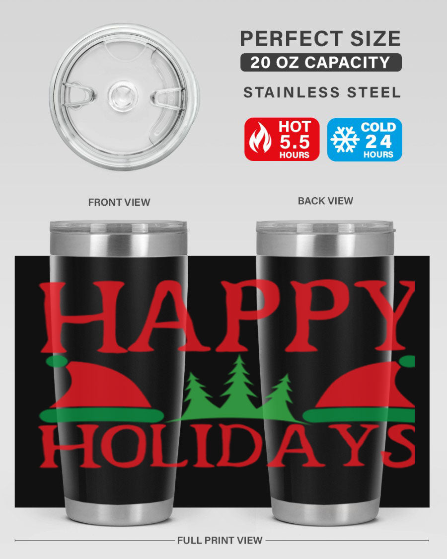 Happy Holidays 20oz Tumbler featuring double wall vacuum stainless steel design, perfect for hot and cold beverages.