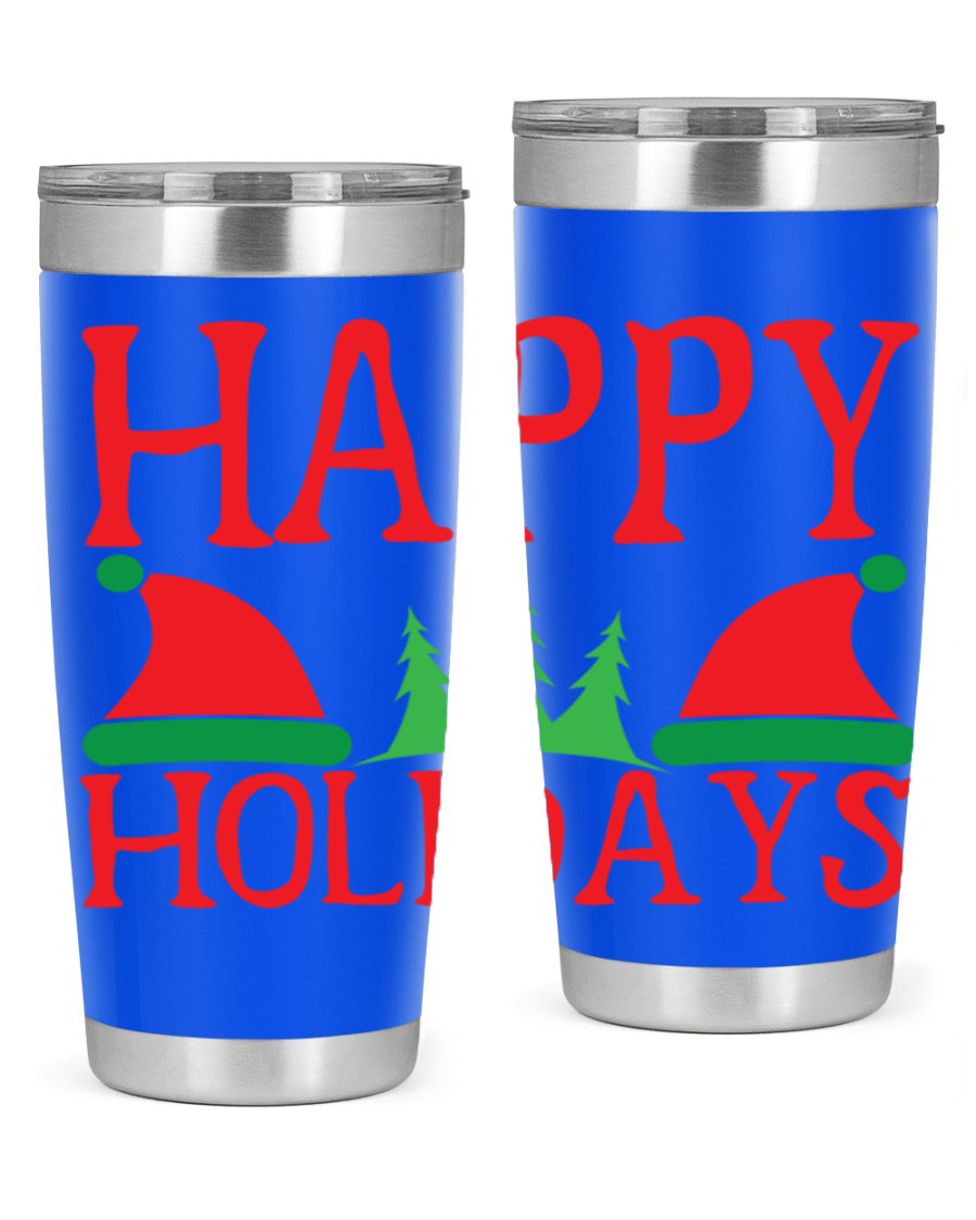 Happy Holidays 20oz Tumbler featuring double wall vacuum stainless steel design, perfect for hot and cold beverages.