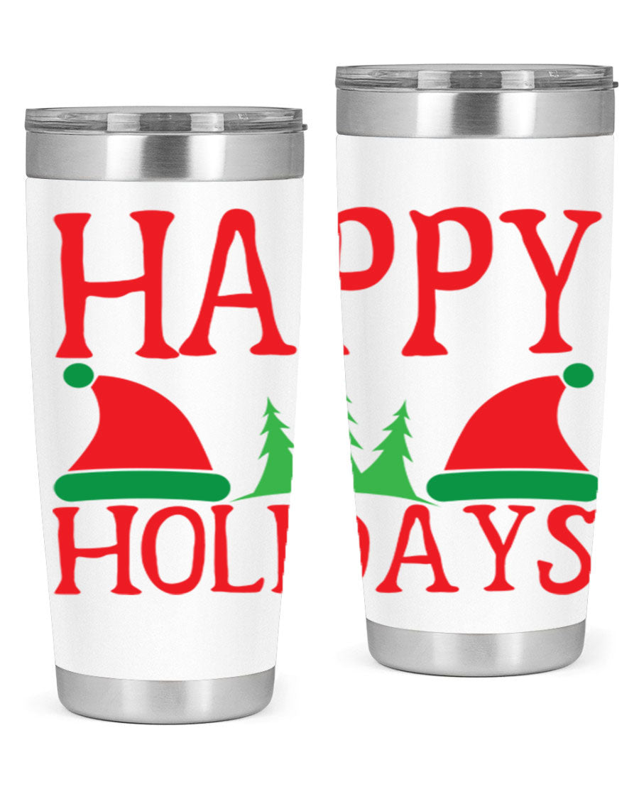 Happy Holidays 20oz Tumbler featuring double wall vacuum stainless steel design, perfect for hot and cold beverages.