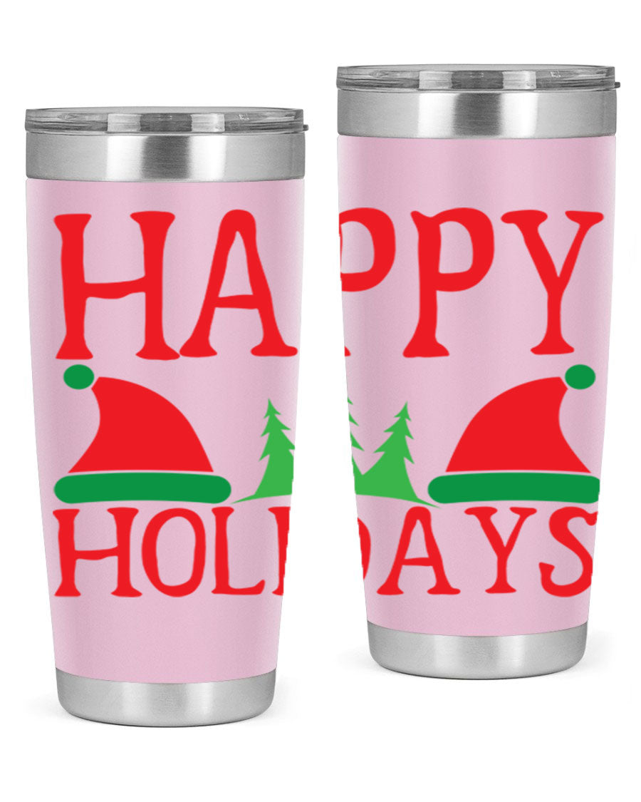 Happy Holidays 20oz Tumbler featuring double wall vacuum stainless steel design, perfect for hot and cold beverages.