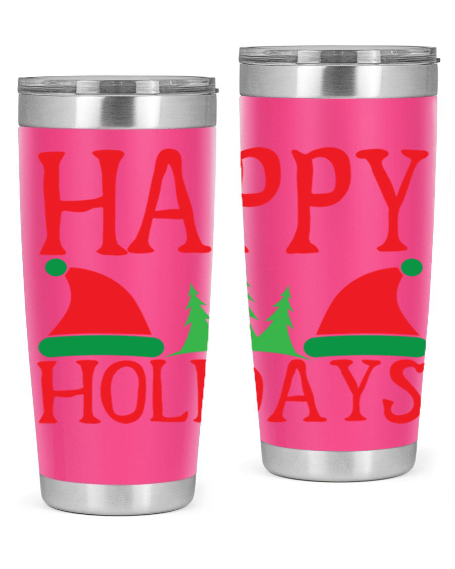 Happy Holidays 20oz Tumbler featuring double wall vacuum stainless steel design, perfect for hot and cold beverages.