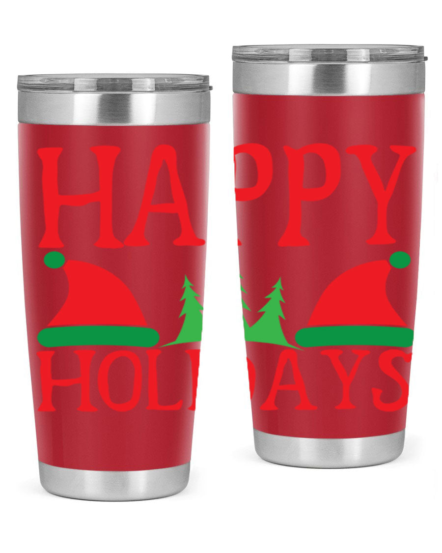 Happy Holidays 20oz Tumbler featuring double wall vacuum stainless steel design, perfect for hot and cold beverages.
