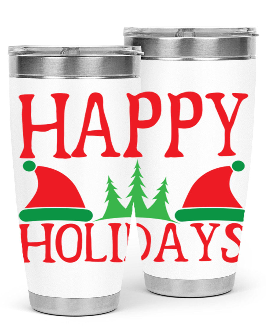 Happy Holidays 20oz Tumbler featuring double wall vacuum stainless steel design, perfect for hot and cold beverages.