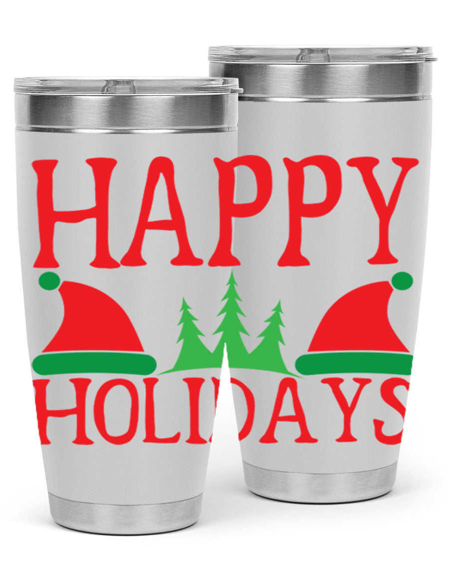 Happy Holidays 20oz Tumbler featuring double wall vacuum stainless steel design, perfect for hot and cold beverages.