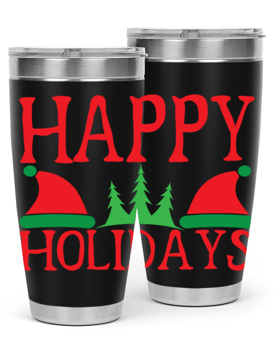Happy Holidays 20oz Tumbler featuring double wall vacuum stainless steel design, perfect for hot and cold beverages.