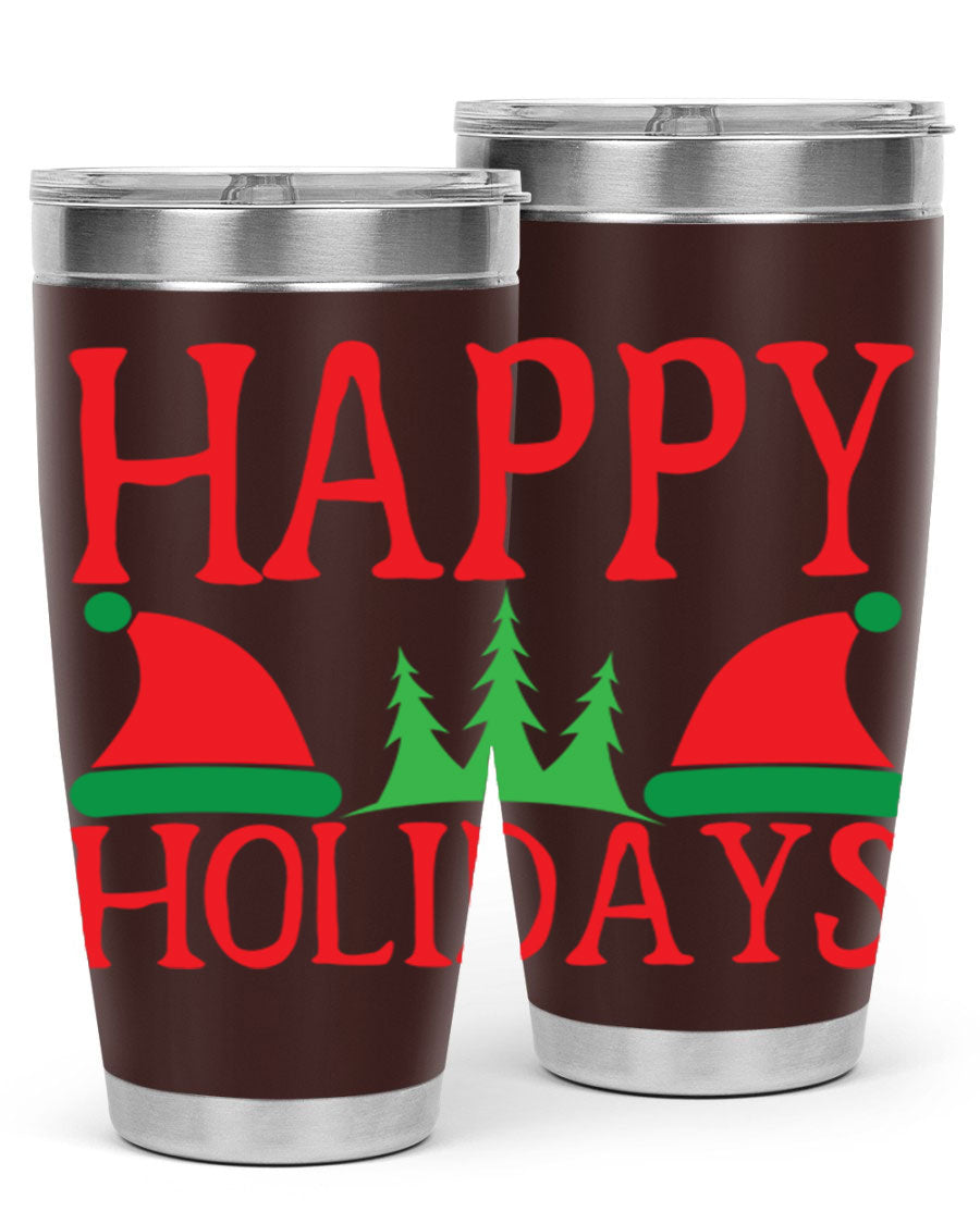 Happy Holidays 20oz Tumbler featuring double wall vacuum stainless steel design, perfect for hot and cold beverages.