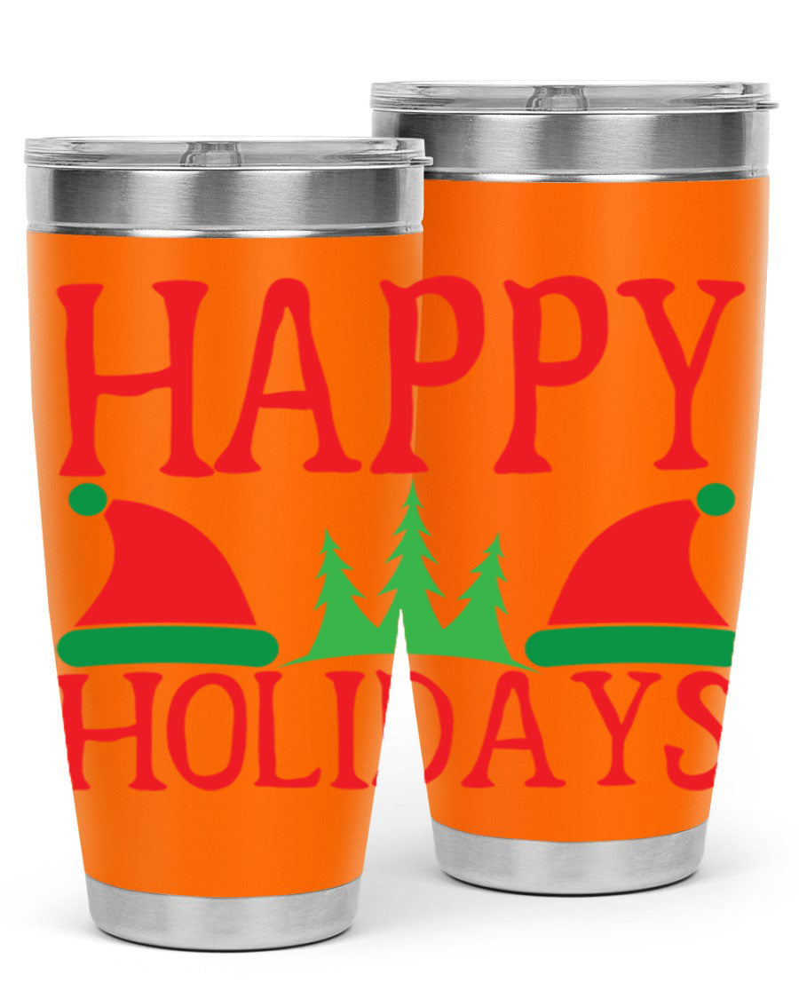 Happy Holidays 20oz Tumbler featuring double wall vacuum stainless steel design, perfect for hot and cold beverages.
