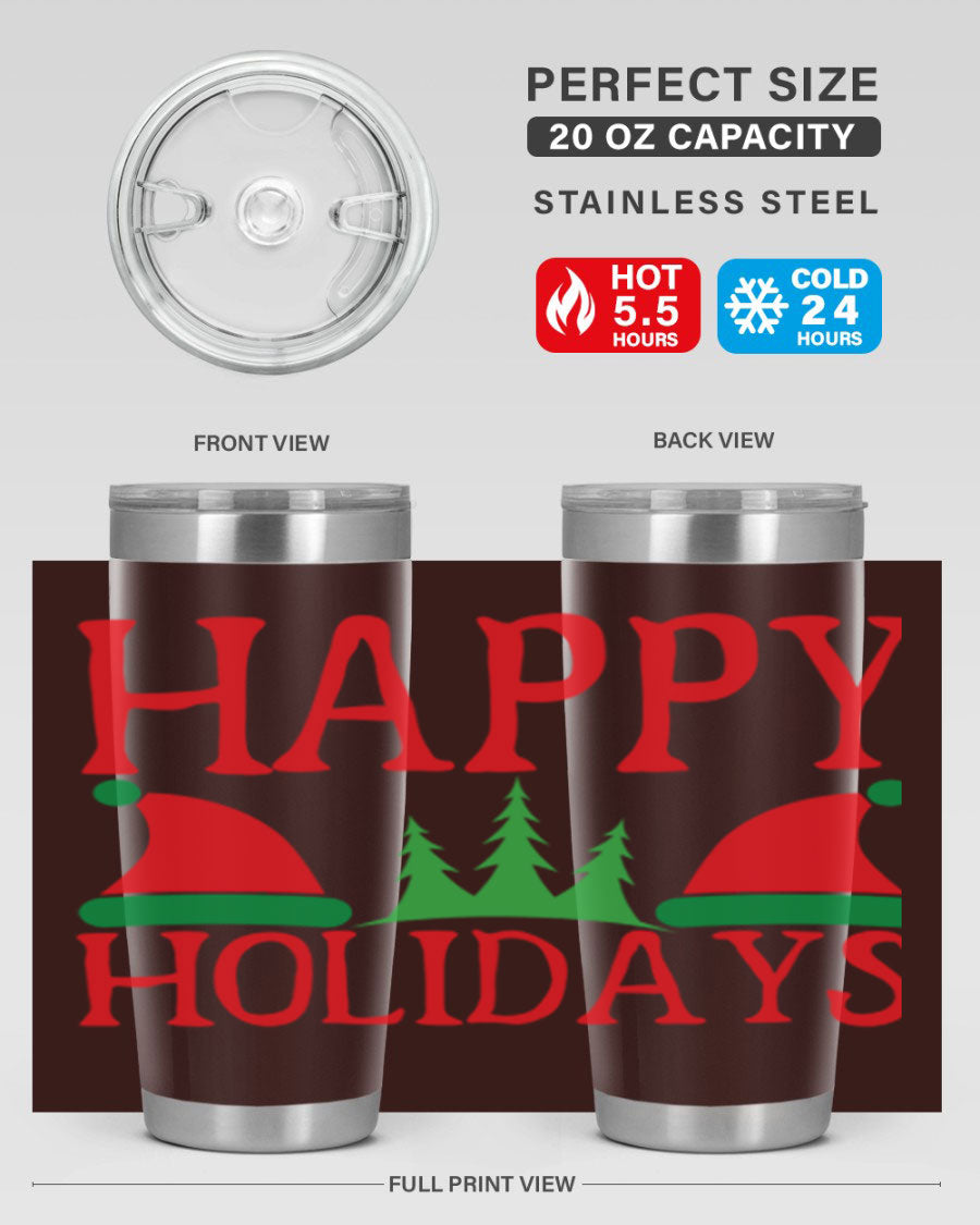 Happy Holidays 20oz Tumbler featuring double wall vacuum stainless steel design, perfect for hot and cold beverages.