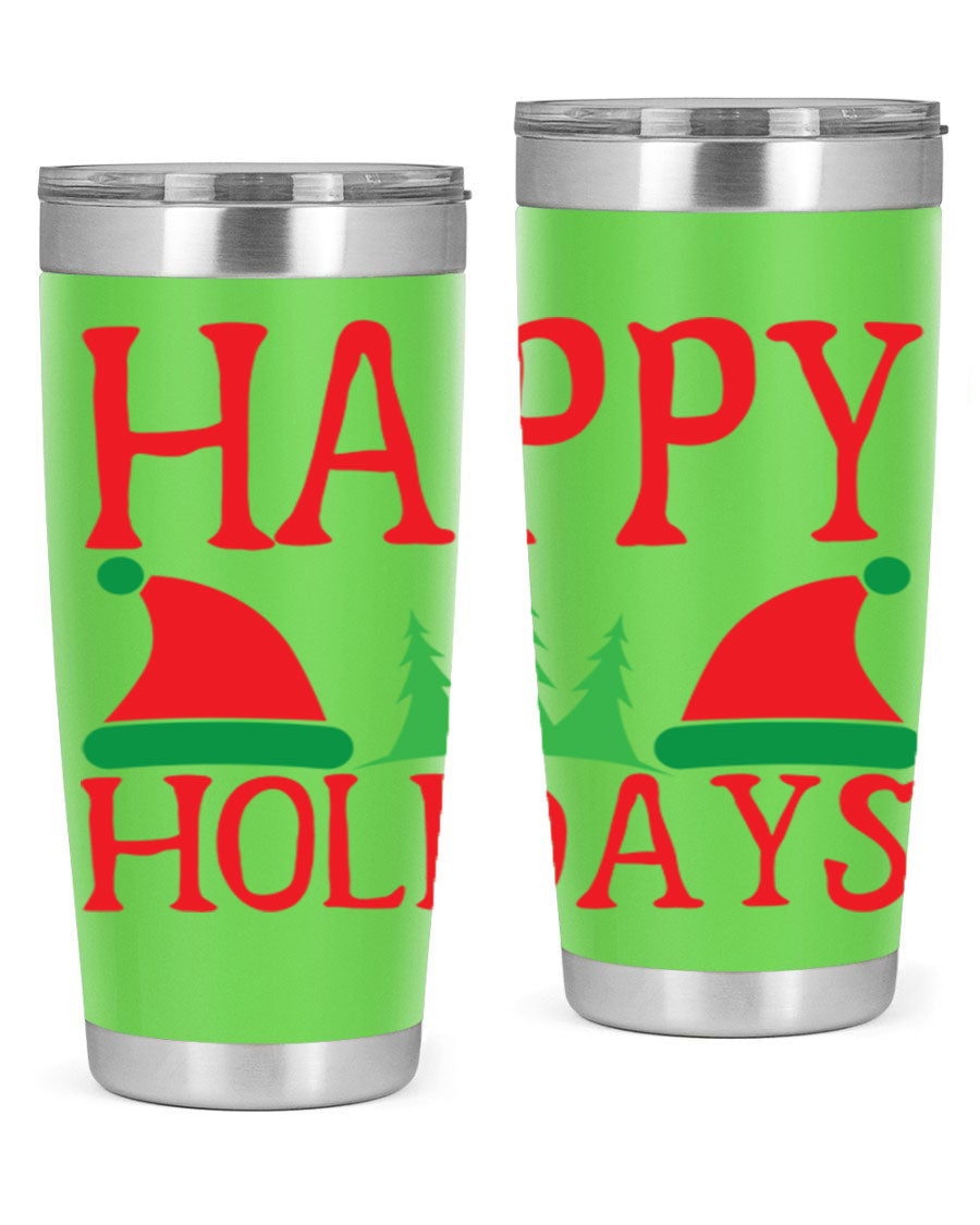 Happy Holidays 20oz Tumbler featuring double wall vacuum stainless steel design, perfect for hot and cold beverages.